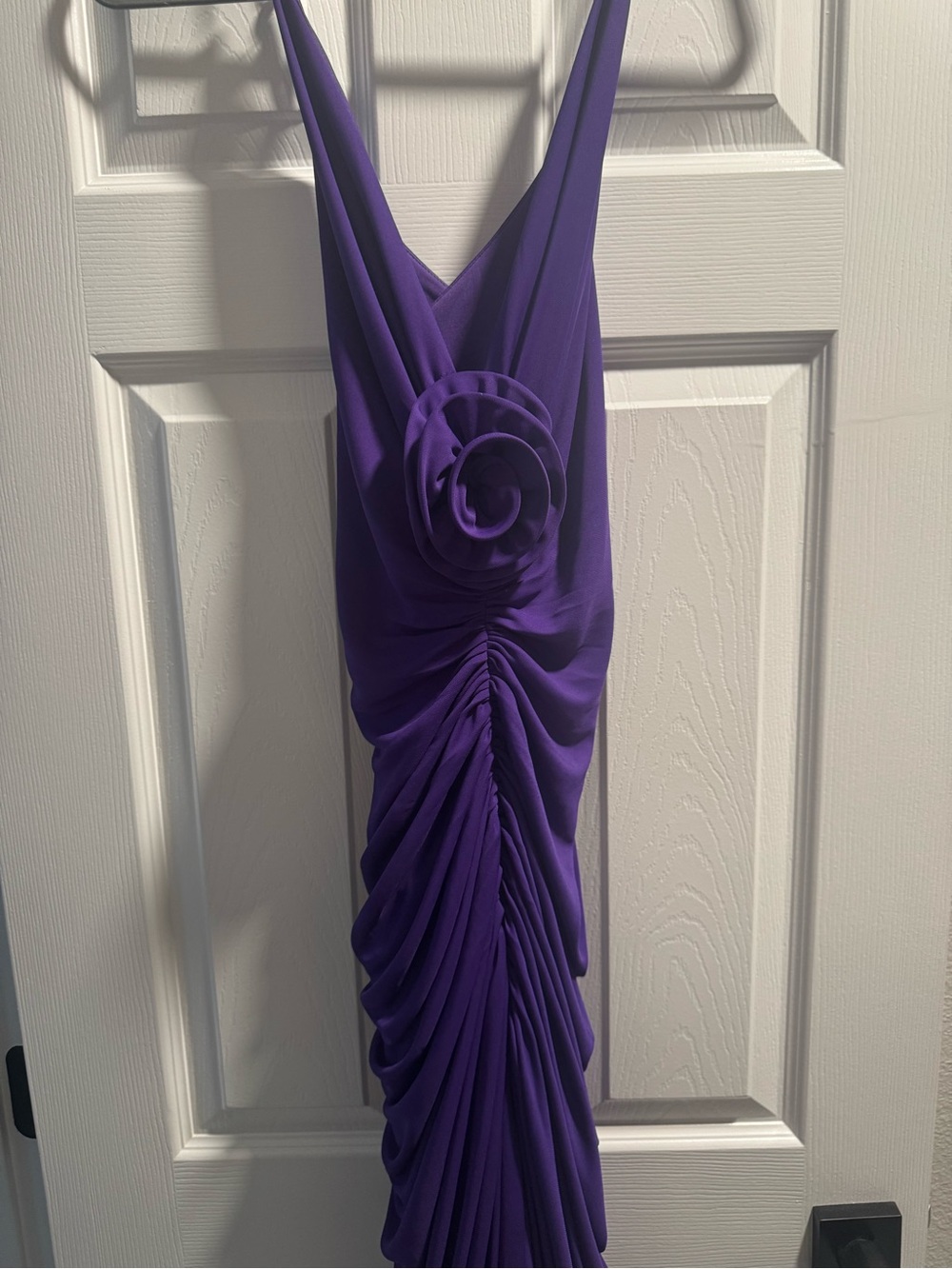 Sleeveless Purple Draped Maxi Dress with Rosette Detail